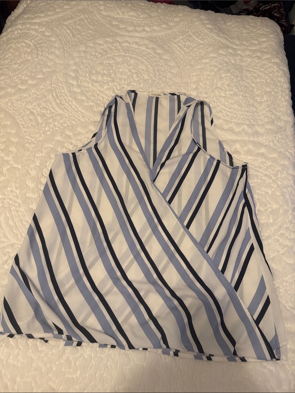 Cotton Blue Charming Sleeveless Wrap-Front Top in White and Blue Stripes l/xL